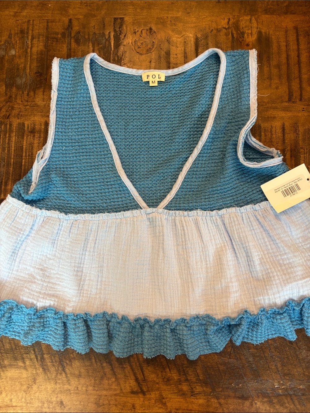 POL teal crochet bodice with light blue gauze tiered hem